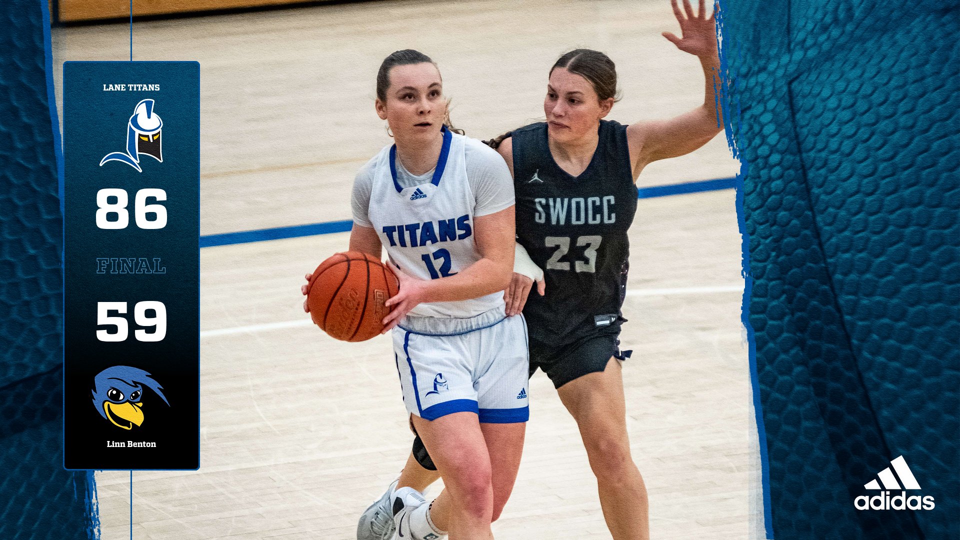 A basketball player drives to the basket with the final score.