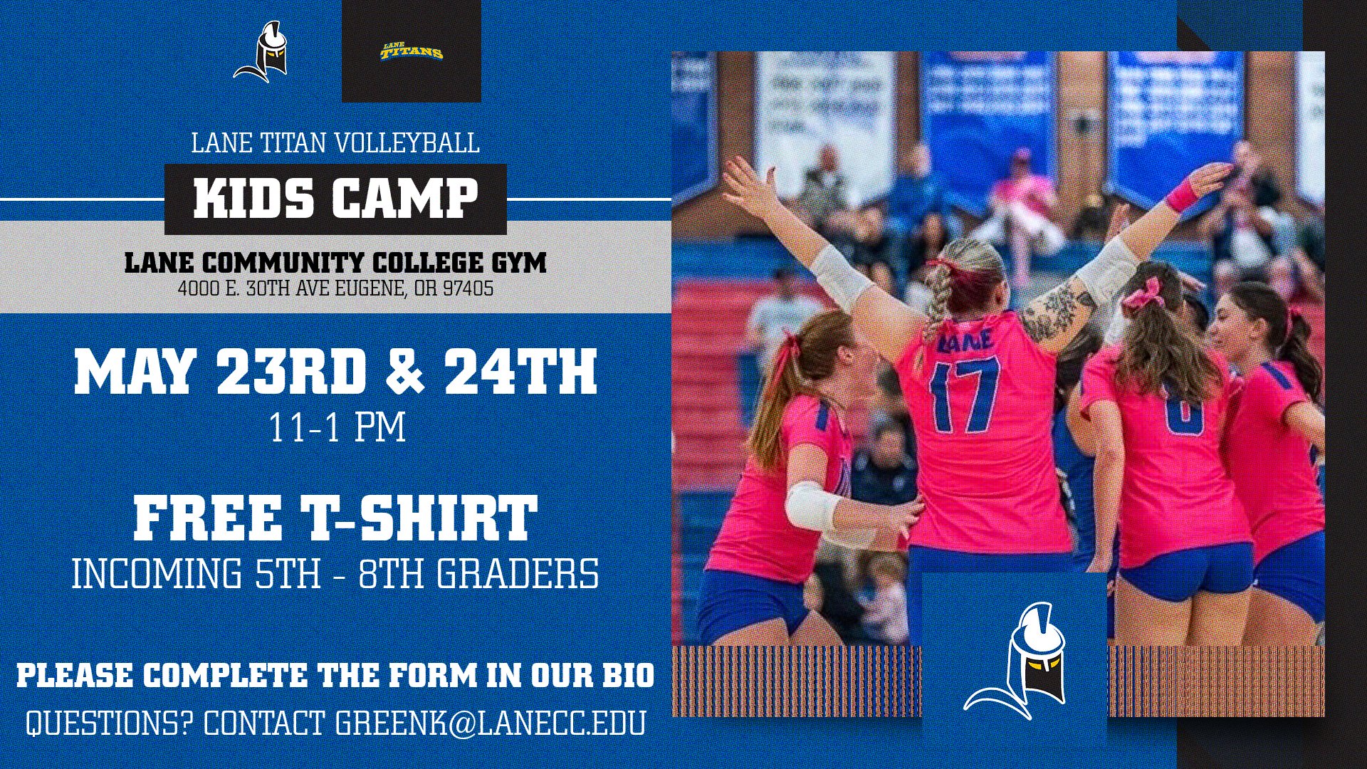 Volleyball players with info about a youth camp.